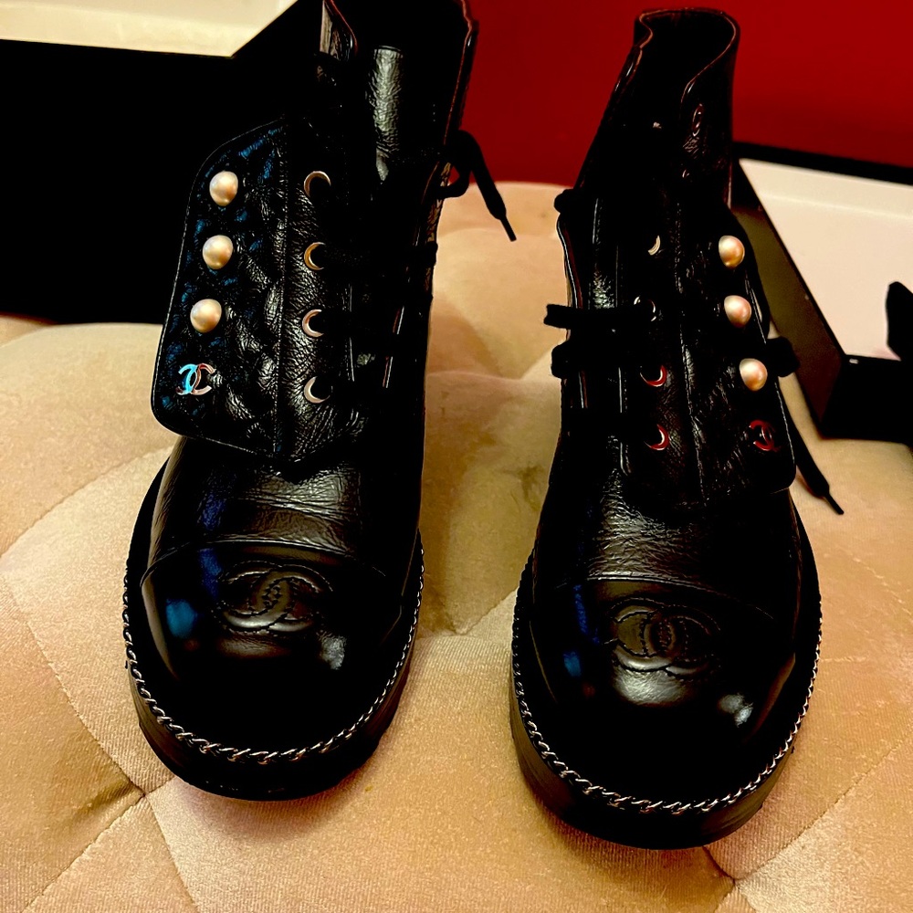 Black Chanel Biker Boots with Pearls buttons